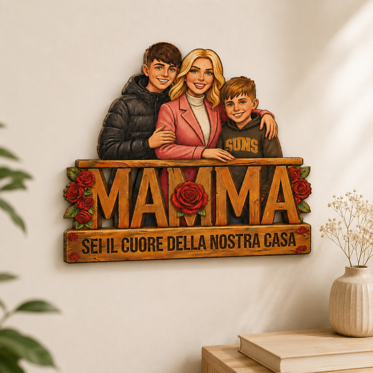 Quadro Mamma Personalizzato in Legno con Foto – Ritratto Cartoon di Famiglia