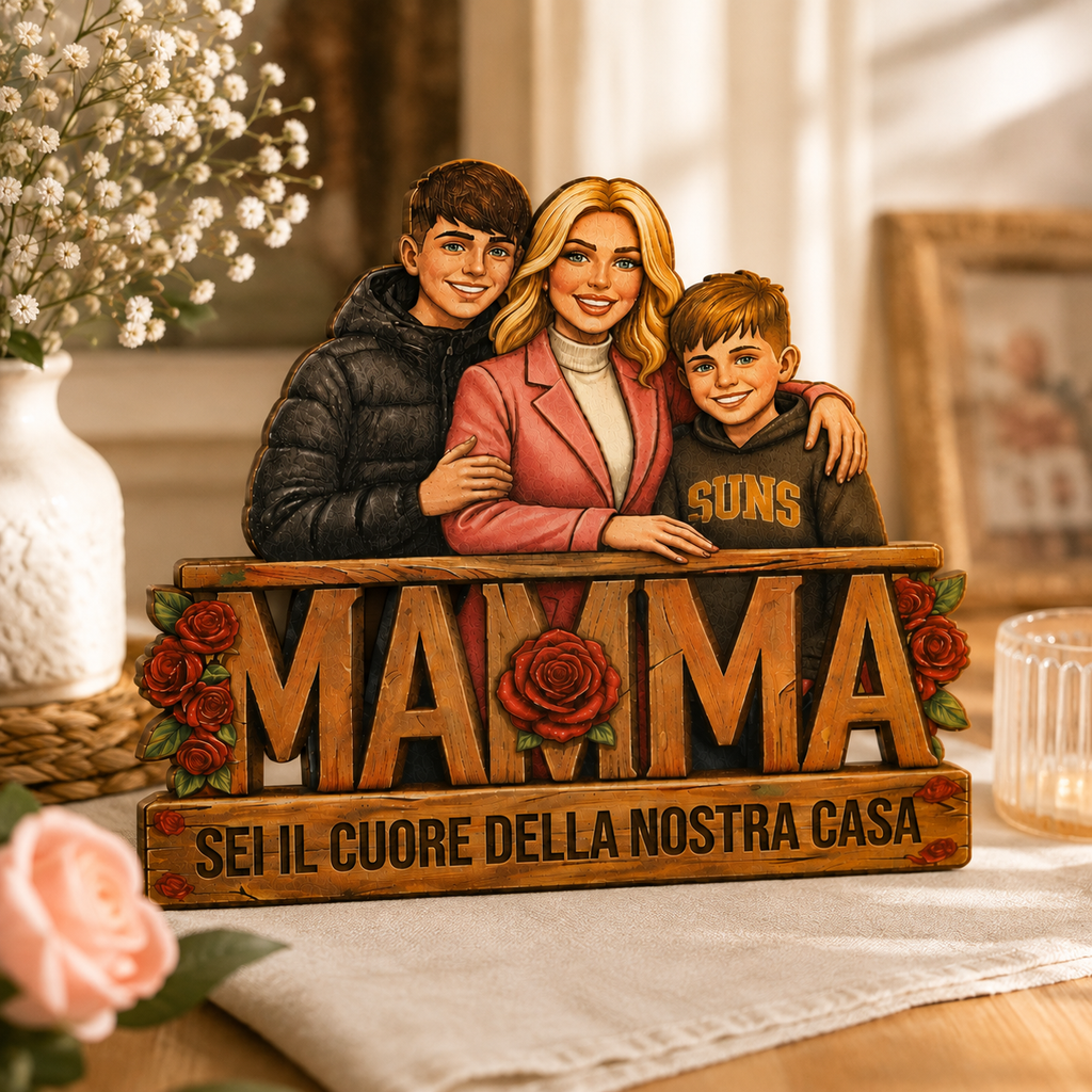 Quadro Mamma Personalizzato in Legno con Foto – Ritratto Cartoon di Famiglia