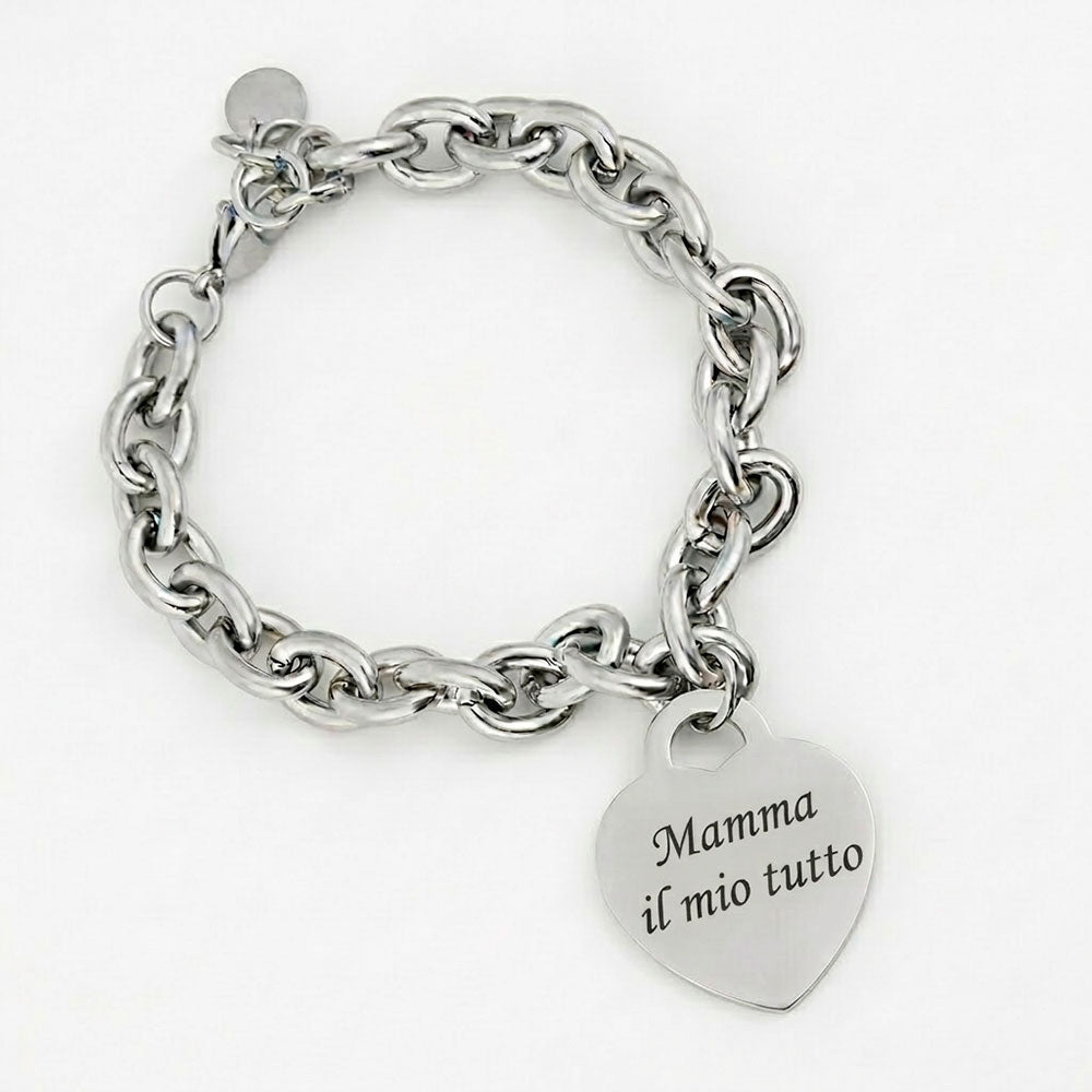 Bracciale Mamma In Acciaio Inox 316L Con Ciondoli Cuore E Frase Incisa - Confezione Regalo